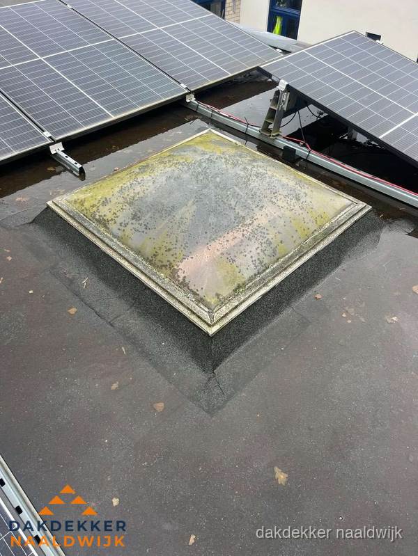 Vervuilde lichtkoepel op plat dak met zonnepanelen in Naaldwijk Vervuilde lichtkoepel op plat dak met zonnepanelen in Naaldwijk