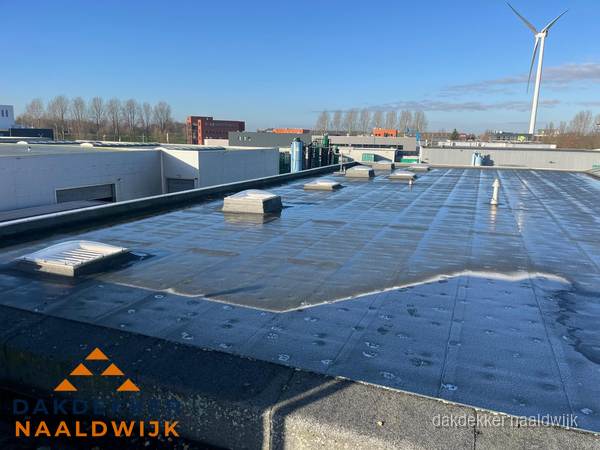 Plat dak bedrijfspand met bitumen dakbedekking en lichtkoepels in Naaldwijk Plat dak bedrijfspand met bitumen dakbedekking en lichtkoepels in Naaldwijk